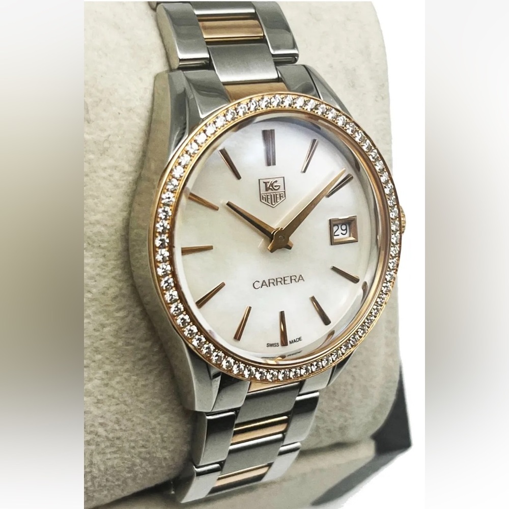Tag Heuer Carrera 32mm White Mother of Pearl with Diamond Bezel in Rosegold